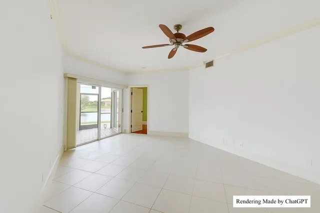 a view of a livingroom with a ceiling fan and window
