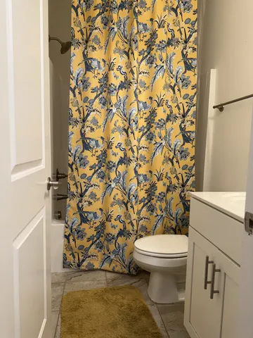 a white toilet sitting next to a shower curtain