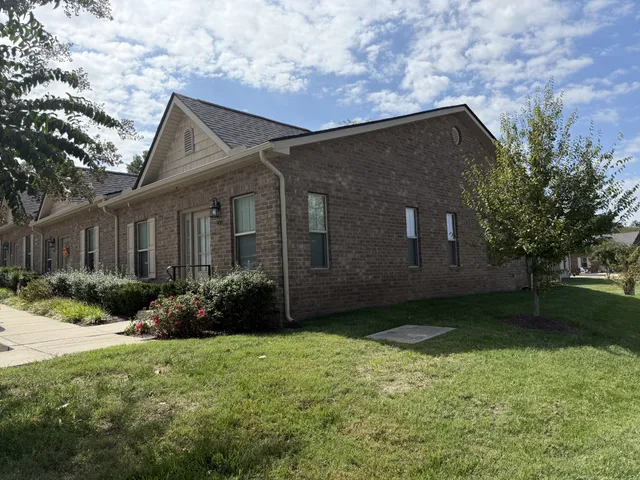 a backyard of a house with plants and tree