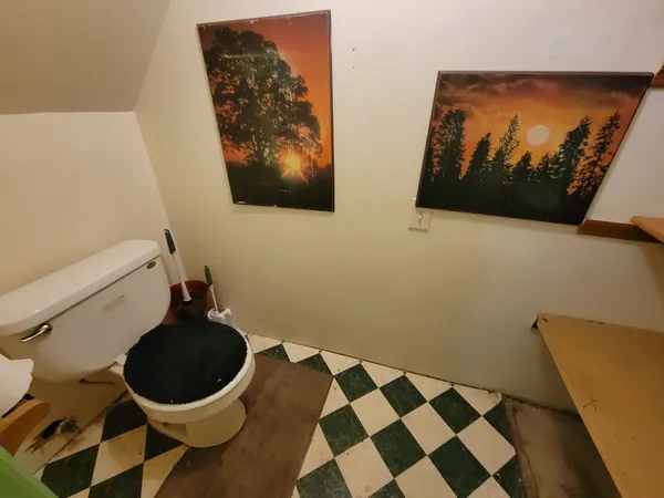 a bathroom with a toilet and a shower