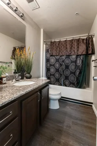a bathroom with a granite countertop sink a toilet and shower