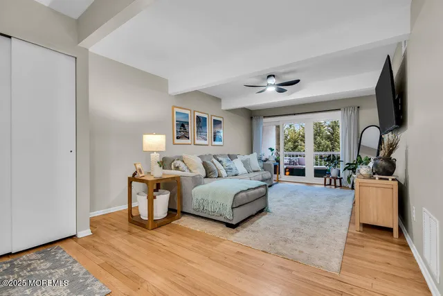 a living room with furniture a ceiling fan and a rug