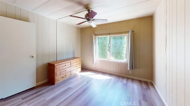 a backyard of a house with large trees and plants