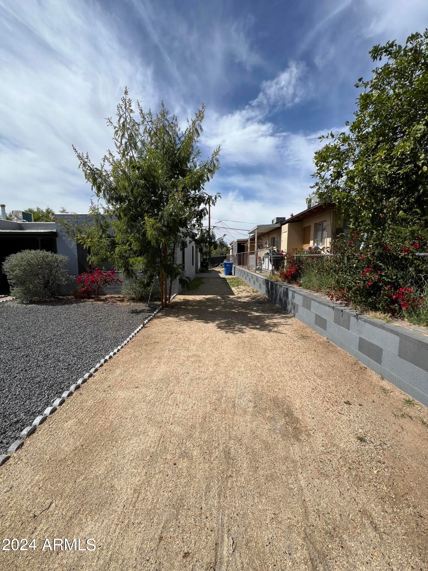 a street view with pathway and a garden