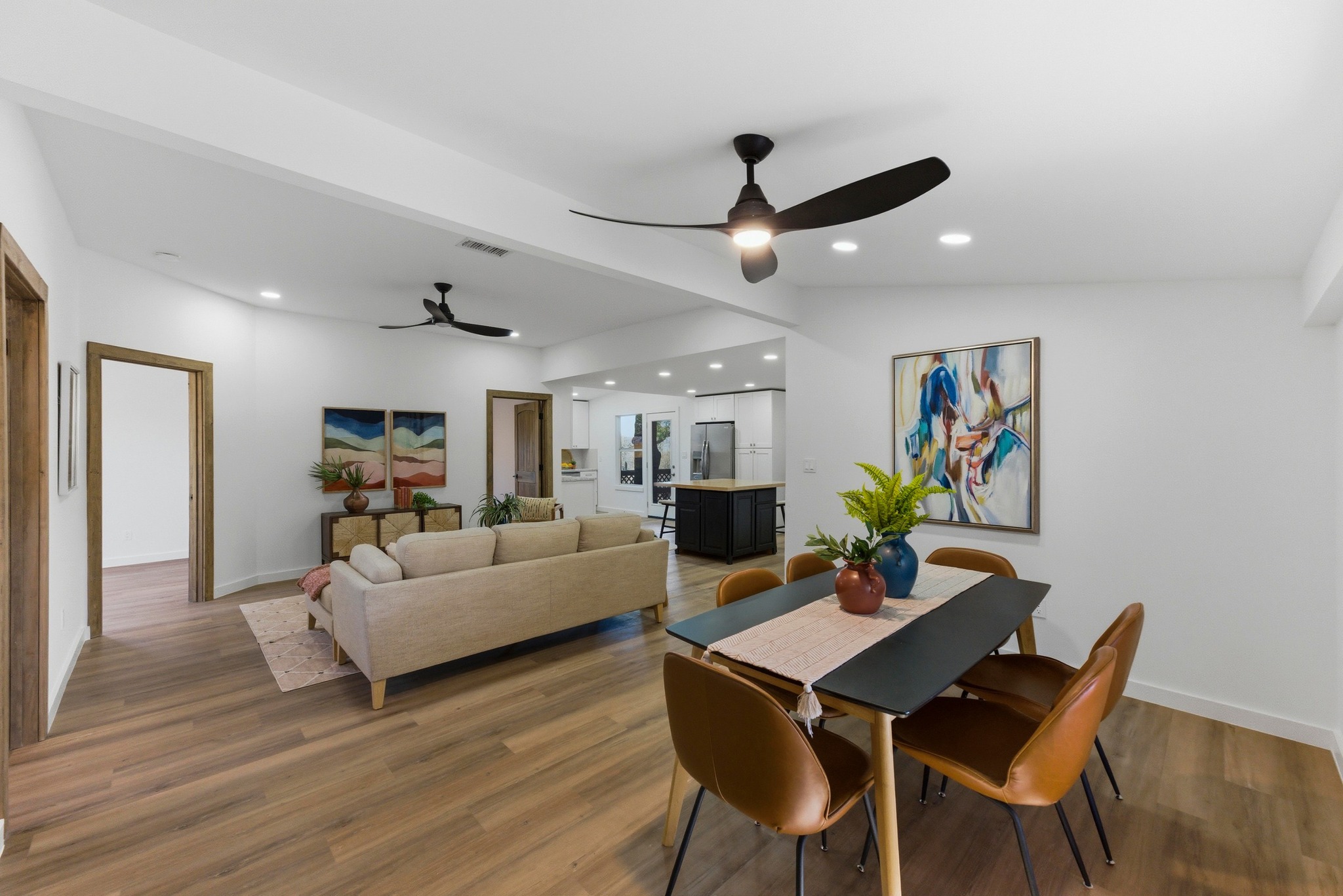 2649 Crazyhorse Pass Austin, TX 78734 - Photo 8 of 40 Dining room featuring ceiling fan, wood finished floors, lofted ceiling, and recessed lighting