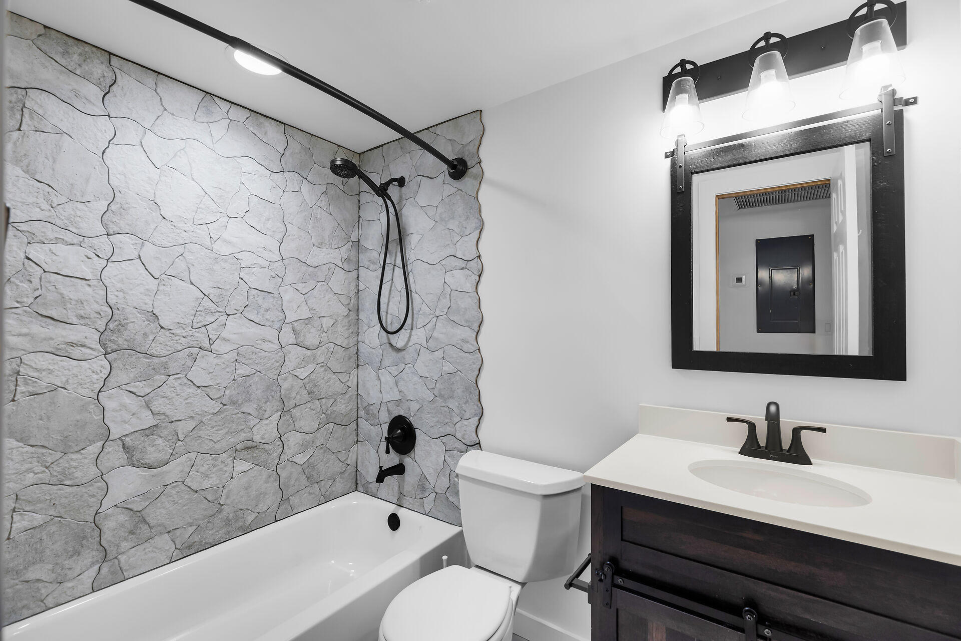 320 Sound Drive Key Largo, FL 33037 - Photo 38 of 48 a bathroom with a granite countertop sink mirror toilet and bathtub