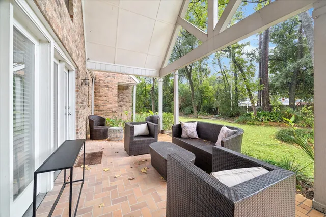 a building outdoor space with patio furniture