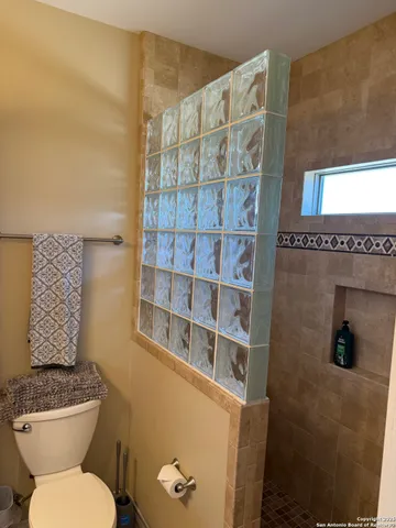 a bathroom with a toilet and a shower