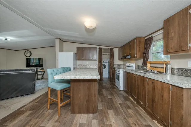 a view of a yard with plants and trees