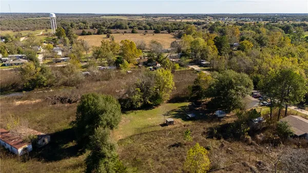 a backyard of a house with a tree covered with the trees