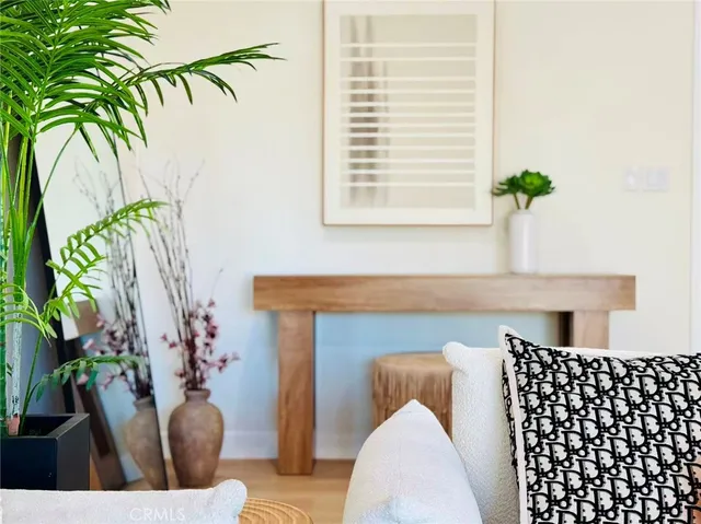 a living room with furniture and a potted plant
