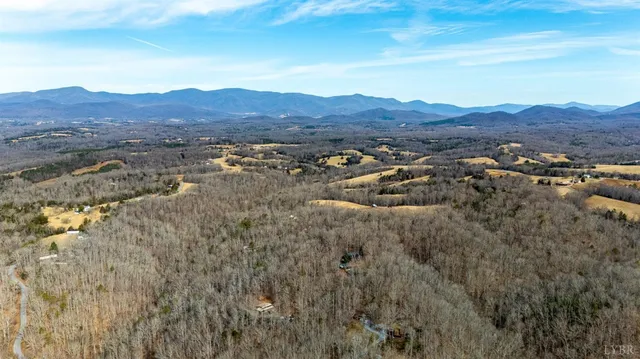 a view of a town with mountains in the background