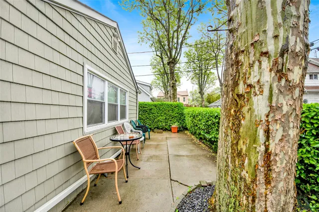 a view of backyard with outdoor seating and plants