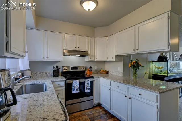 a kitchen with stainless steel appliances granite countertop a stove a sink dishwasher and cabinets with wooden floor