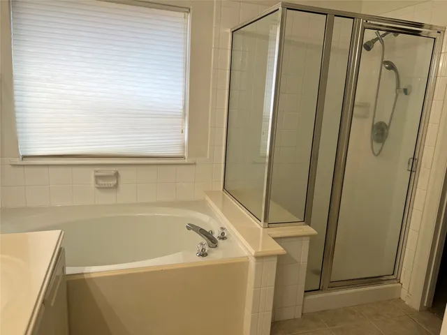 a bathroom with a bathtub and a shower