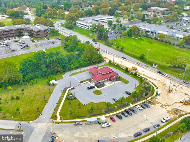 an aerial view of a pool