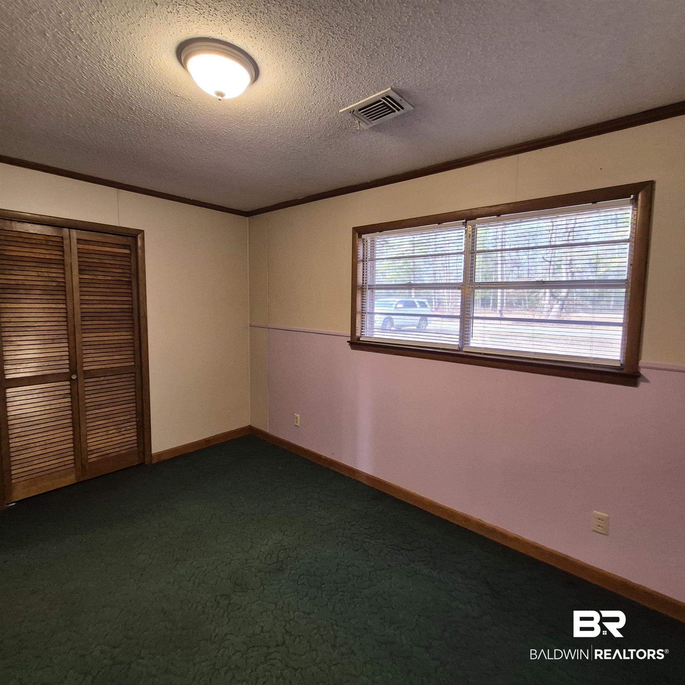 491 Forrest Avenue Castleberry, AL 36432 - Photo 18 of 33 Unfurnished room featuring ornamental molding, dark colored carpet, and a textured ceiling