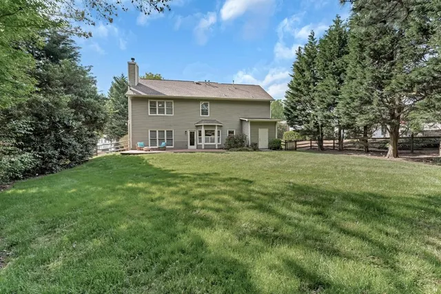 a view of a park with large trees