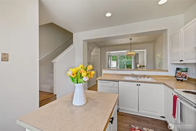 a kitchen with a sink a window and appliances