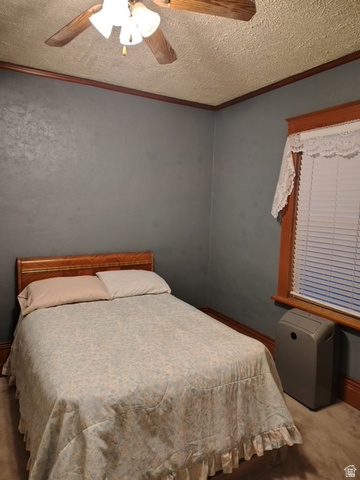 5264 West 5500th Street South Hooper, UT 84315 - Photo 12 of 20 Bedroom feahttps://www.utahrealestate.com/lip.wizard/run/step/2/hbid/5385880#turing ornamental molding, ceiling fan, carpet flooring, and a textured ceiling