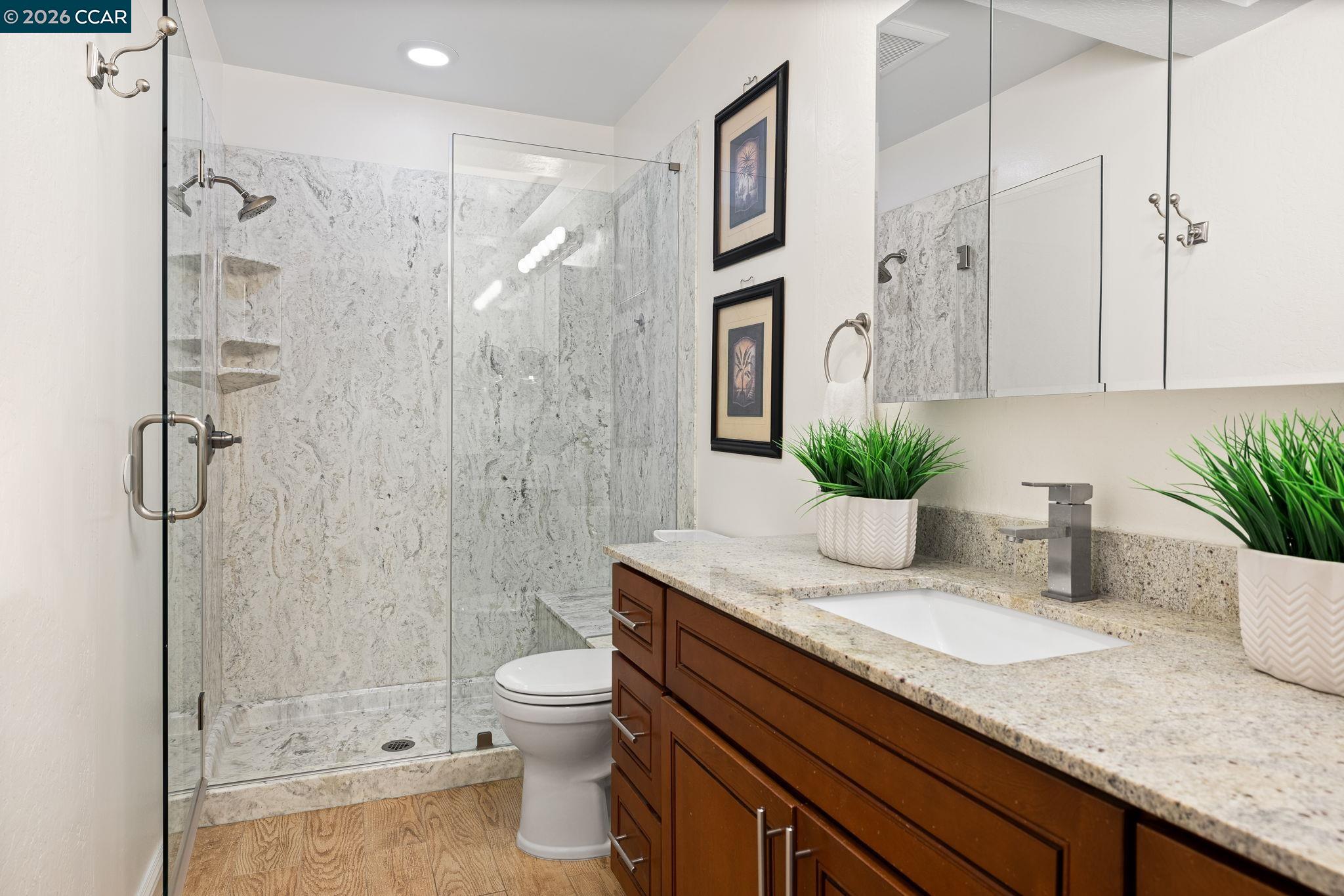 2095 Robb Road Walnut Creek, CA 94596 - Photo 11 of 26 a bathroom with a granite countertop sink a toilet and shower