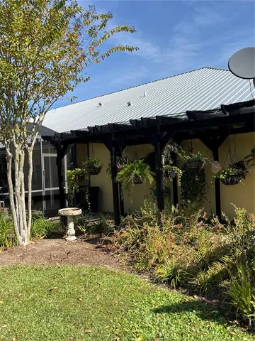 an outdoor space with seating area