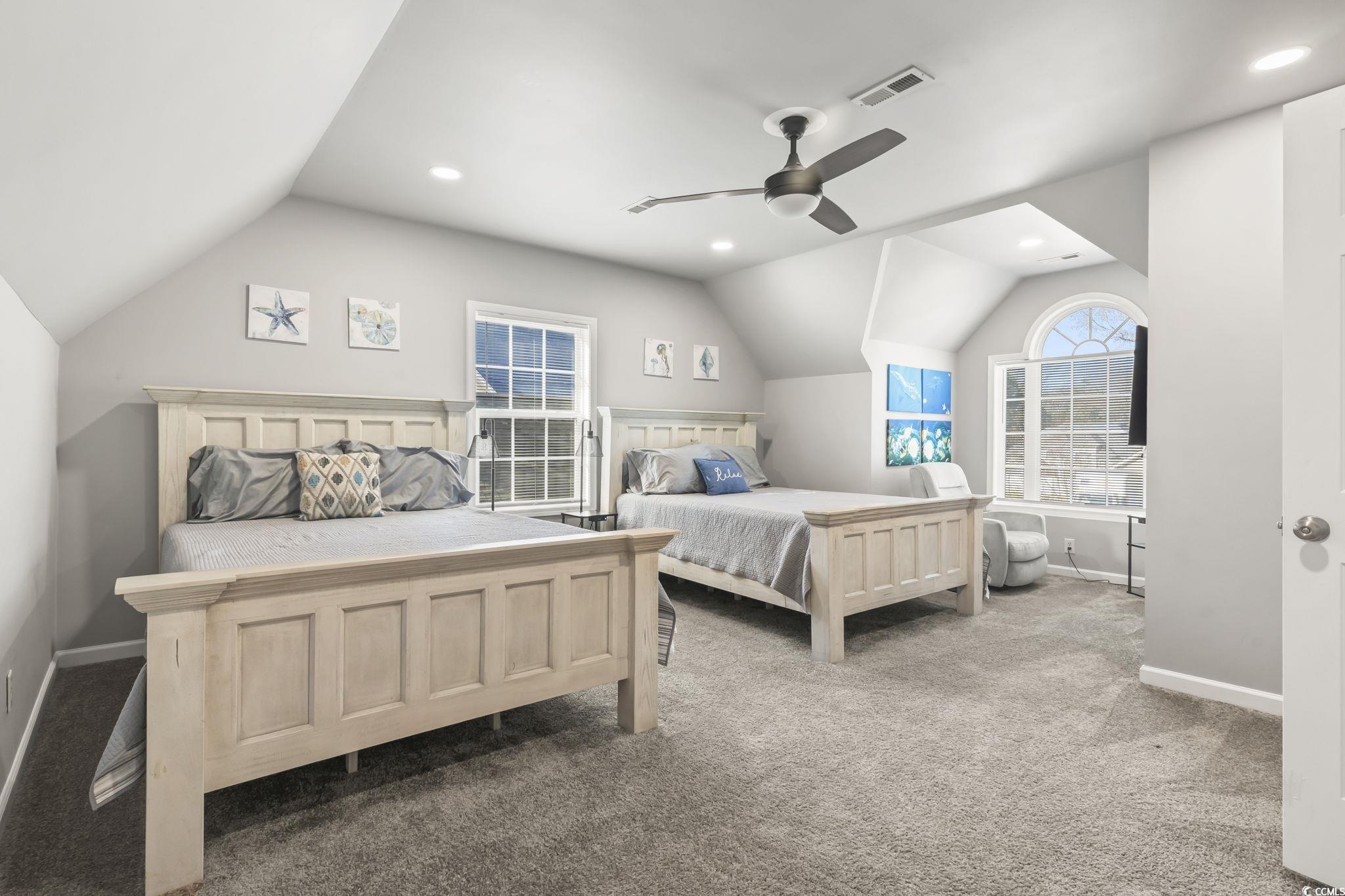 409 Knoll Court Myrtle Beach, SC 29588 - Photo 19 of 33 Bedroom featuring vaulted ceiling, dark colored carpet, a ceiling fan, and recessed lighting