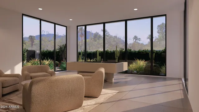 a living room with furniture and a garden