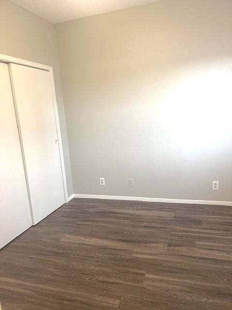 3316 Guadalupe Street, Unit 209 Austin, TX 78705 - Photo 8 of 12 Unfurnished bedroom featuring dark wood-style flooring, a closet, and a textured ceiling