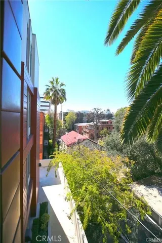 a view of a swimming pool with a lawn chairs and potted plants