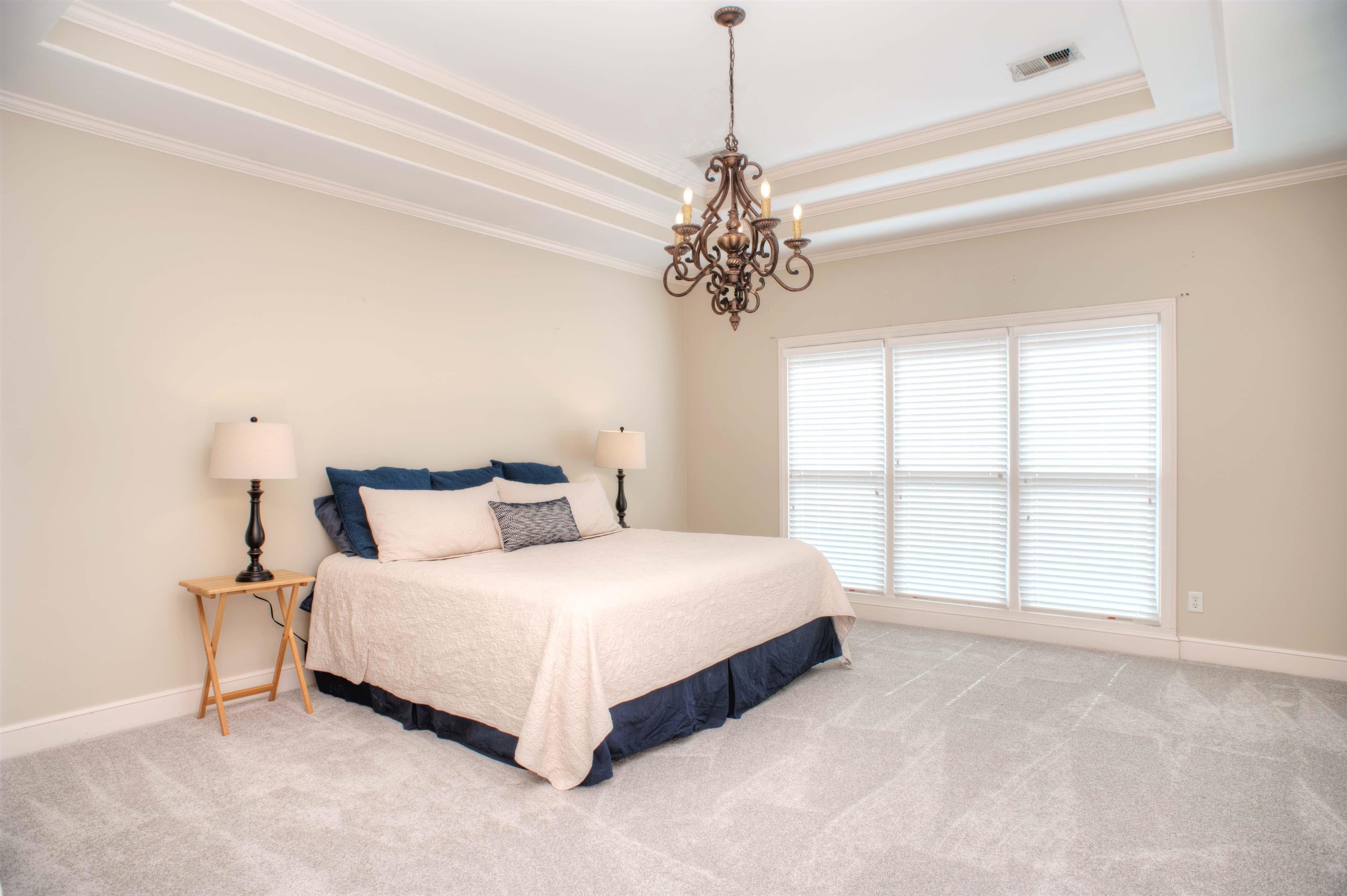 495 Tribal Woods Road Collierville, TN 38017 - Photo 11 of 22 17x14 Primary Bedroom Suite features Brand New Carpet, High Trayed Ceiling with Crown Molding, and Door to Back Patio