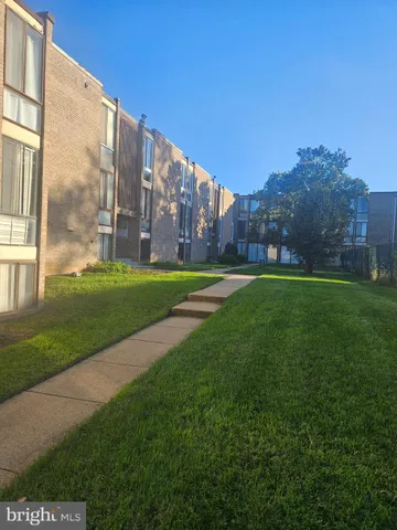 a backyard of a building with large trees