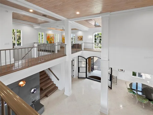 an aerial view of lake and city