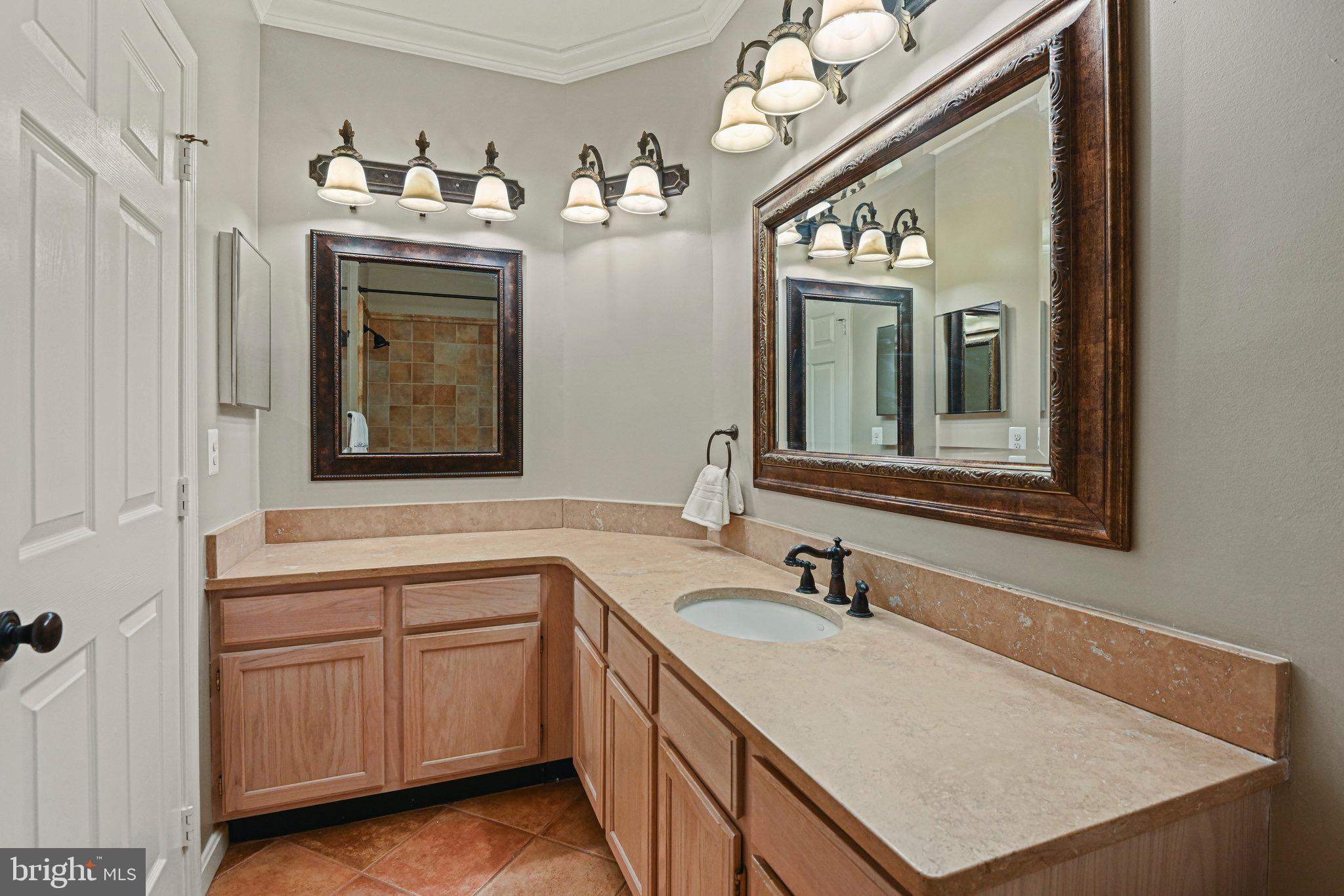 1701 Lake Shore Crest Drive, Unit 24 Reston, VA 20190 - Photo 18 of 43 a bathroom with a sink vanity granite and a mirror