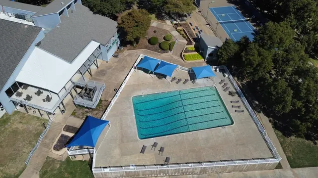 an aerial view of a backyard