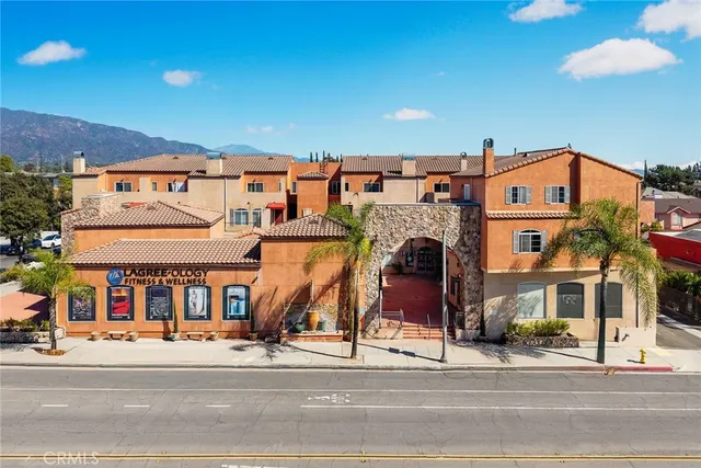 front view of a building with a street