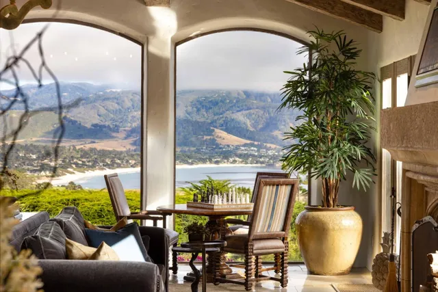 a front view of a house with lots of potted plants