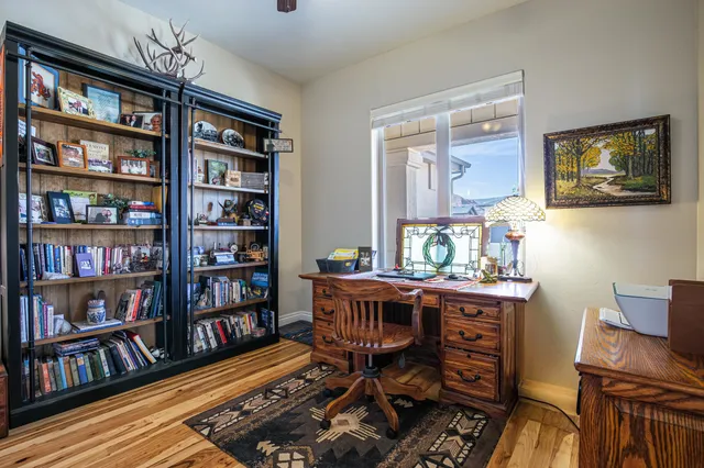 a room with furniture and a book shelf