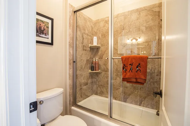 a bathroom with a shower and toilet