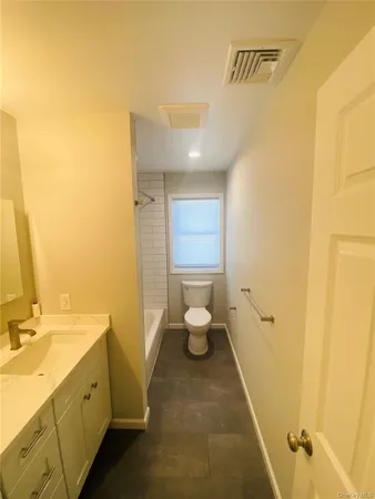 a bathroom with a double vanity sink and a toilet