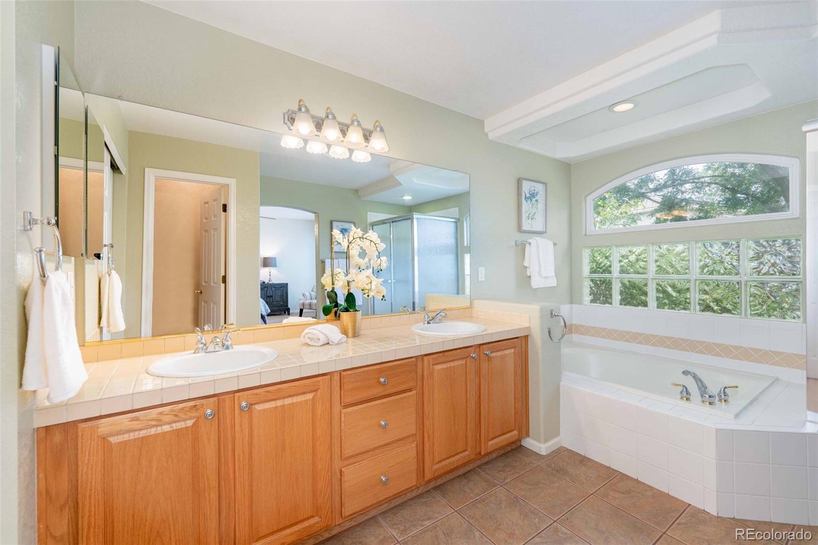 2223 Fox Fire Court Highlands Ranch, CO 80129 - Photo 9 of 34 a spacious bathroom with a double vanity sink large mirror and a bathtub