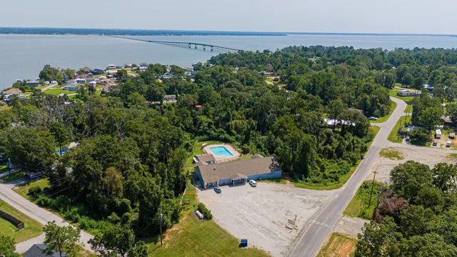 an aerial view of a house with swimming pool and large trees