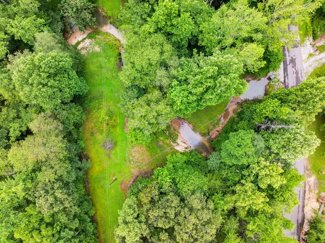 an aerial view of residential house with outdoor space and trees all around