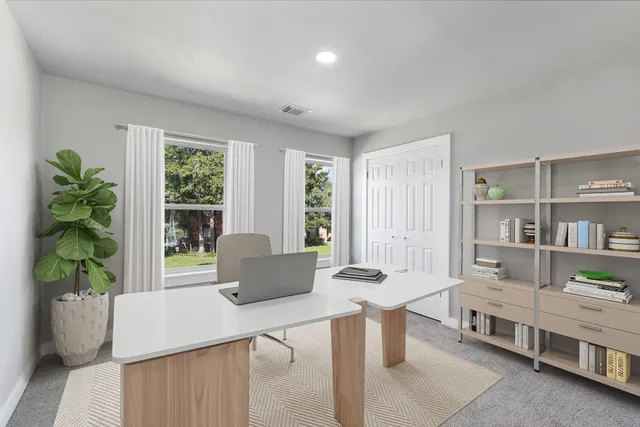 a living room with furniture and a potted plant