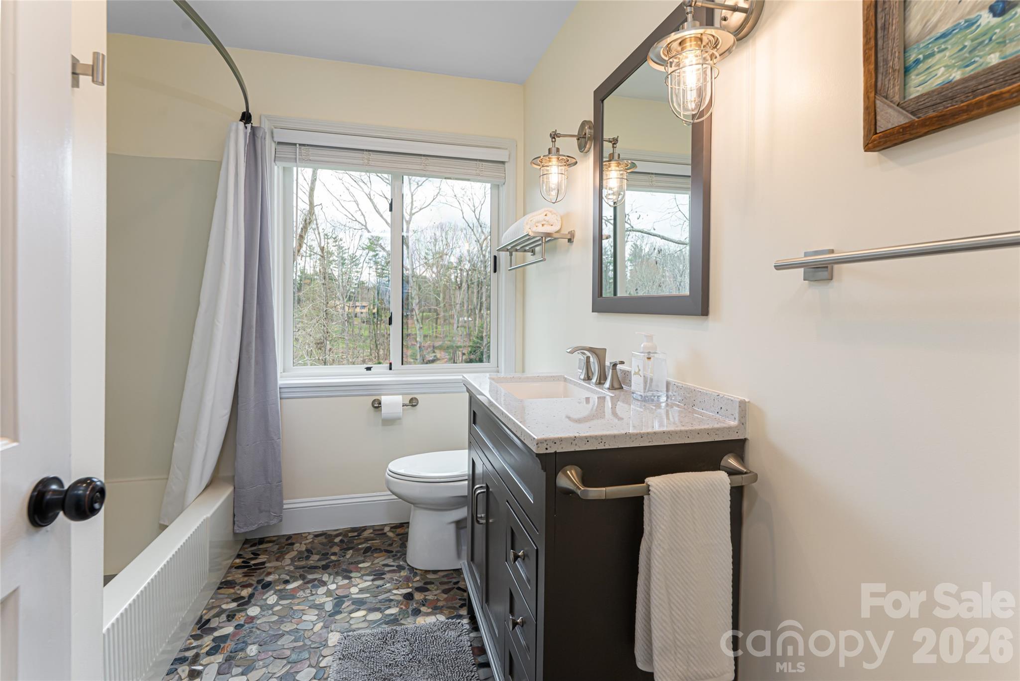 210 Wildflower Road Asheville, NC 28804 - Photo 32 of 46 a bathroom with a granite countertop sink toilet mirror and a shower