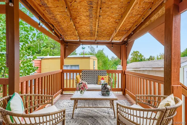 a view of a chair in wooden deck