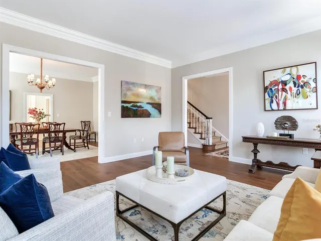 a view of a dining room with furniture