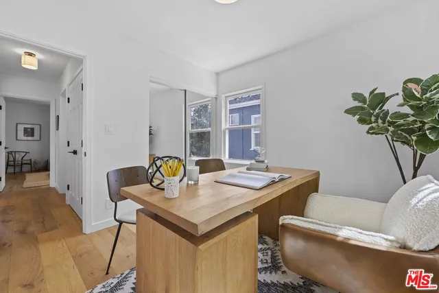 a view of a dining room with furniture