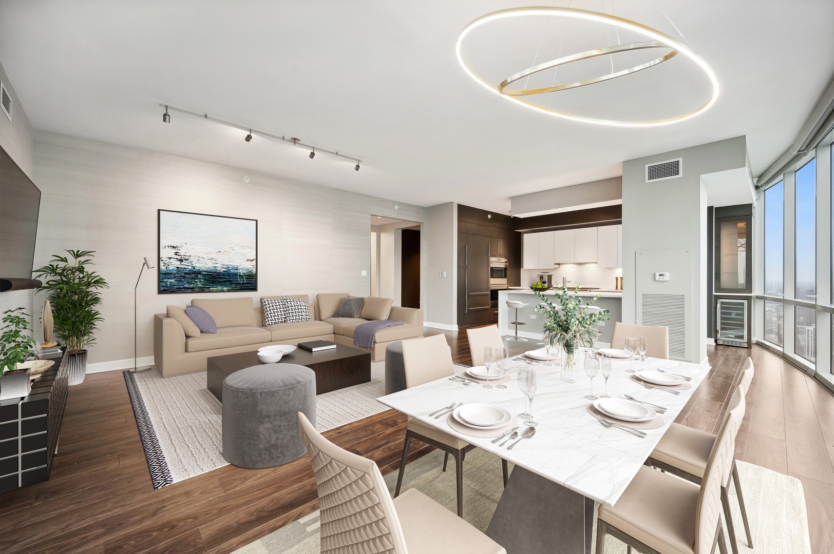 1201 South Prairie Avenue, Unit 4501 Chicago, IL 60605 - Photo 12 of 52 a living room with couches a coffee table and a dining table with garden view