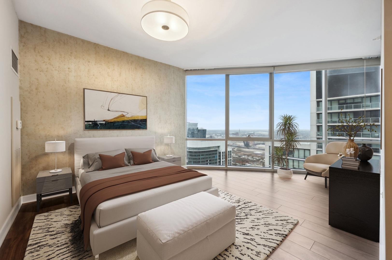 1201 South Prairie Avenue, Unit 4501 Chicago, IL 60605 - Photo 22 of 52 a bedroom with a large bed and a balcony view